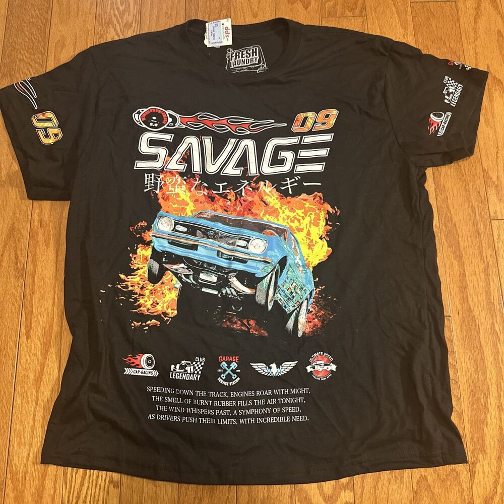 Fresh Laundry Savage 09 Shirt Mens L Black Graphic T-Shirt Racing Y2K Tee